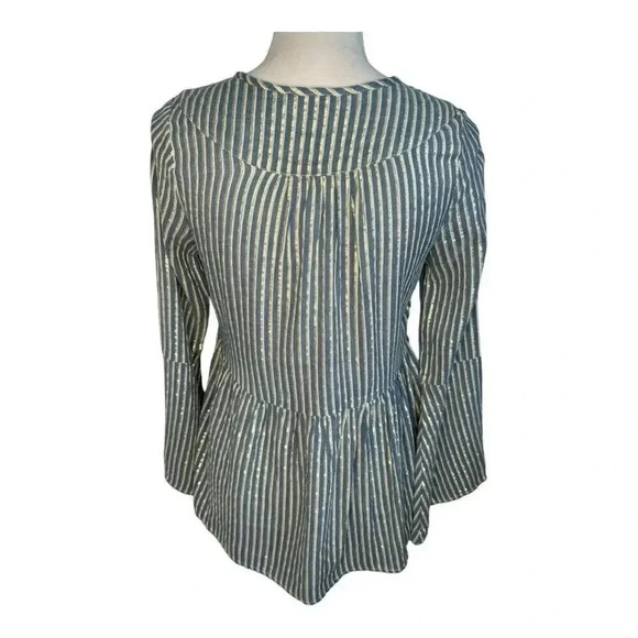 Altar'd State Women’s Medium Blue & Gold Striped Bell Sleeve Blouse with Tassels - Picture 3 of 7